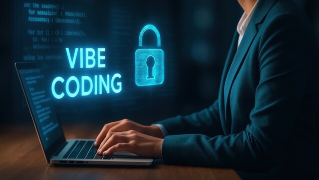 Businessperson types on laptop at desk with glowing blue java code and text vibe coding, showing script runner and digital focus in secure tech workspace