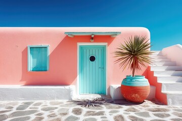 Bright pink house with turquoise door and lush plant in Santorini under clear blue sky