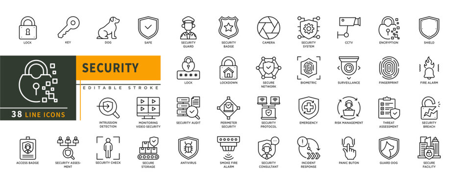 Minimalist Security line icons set with editable stroke, featuring Lock, Key, dog, safe, security guard, bedge, camera, secure network, encription, shield, fingerprint, fire. thin linear illustration.