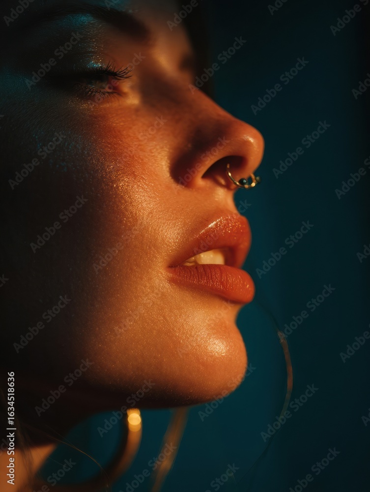 Poster close-up of a person with a septum piercing illuminated by soft light in a dark setting