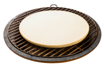 Round ceramic pizza stone on a barbecue grill for cooking isolated with transparent background