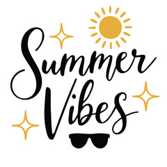 Fototapeta premium Summer vibes text with sun, stars, and sunglasses illustration for seasonal designs and decorations use