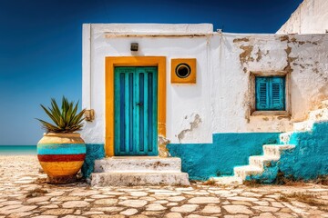 Vibrant coastal cottage with a colorful door and decorative pot by the sea under a clear blue sky