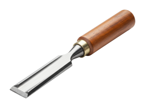 Woodworking chisel with wooden handle and metal blade. Cut out PNG