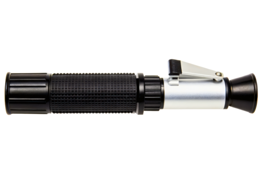Handheld optical refractometer for measuring liquid density isolated with transparent background