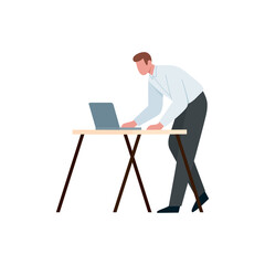 Young man with beard and tattoo before the laptop with question mark in think bubble and  finding new idea. Shiny light bulb. Flat style cartoon vector illustration. young man character vector holding