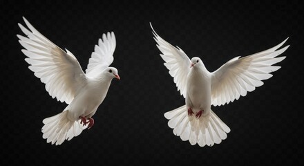 Fototapeta premium White doves flying against black background