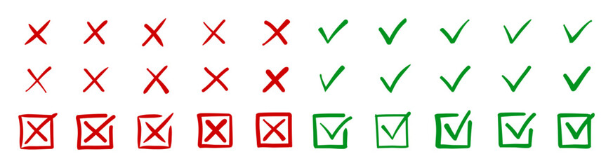 Check tick mark icon set, hand drawn doodle red cross box x check mark green checkbox v
