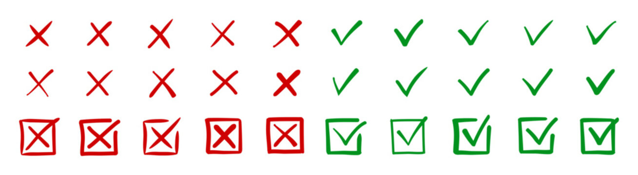 Check tick mark icon set, hand drawn doodle red cross box x check mark green checkbox v