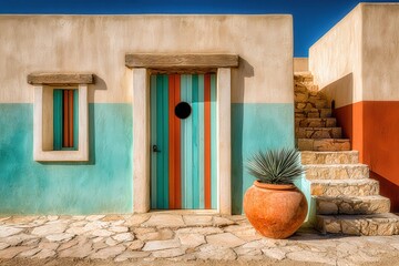 Colorful traditional door and staircase against vibrant wall in a sunny outdoor setting