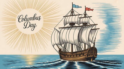 Photo of columbus day celebration with vintage sailing ship and sunburst, historical exploration and discovery theme