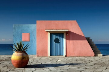 Colorful coastal building with unique architectural details near the sea at daytime