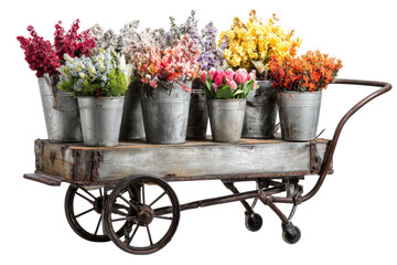 Vintage-style flower cart overflowing with colorful bouquets in galvanized metal buckets