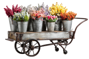 Vintage-style flower cart overflowing with colorful bouquets in galvanized metal buckets
