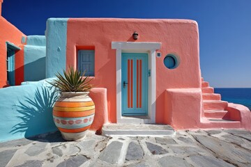 Colorful coastal house with vibrant design and ocean view during bright sunny day