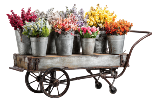 Vintage-style flower cart overflowing with colorful bouquets in galvanized metal buckets