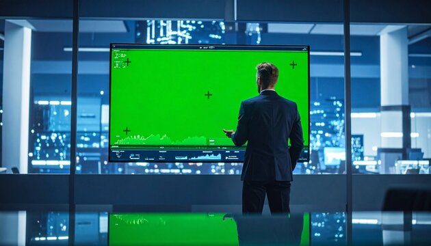: A business professional stands before a large digital screen with a green chroma key display, surrounded by financial charts and data in a modern office setting—evoking themes of innovation,