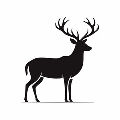 Obraz premium A majestic stag silhouette with large antlers, standing in a noble side profile. A minimalist black vector icon of a wild deer.