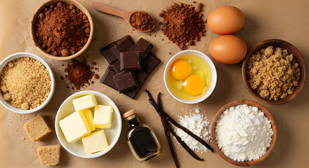 Fototapeta premium Top-down view of ingredients used in baking chocolate desserts. Includes cocoa powder, dark chocolate chunks, butter, eggs, brown sugar, vanilla extract, and flour, scattered on parchment paper. Rich 
