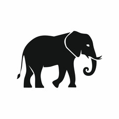 Fototapeta premium A flat silhouette of an elephant in profile view, walking with a raised trunk and tusks. Vector graphic icon for wildlife and nature themes.