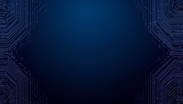 An abstract technology background with blue circuit board patterns framing a dark, glowing center.