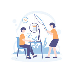 Flat illustration of businessman under spotlight with glowing lightbulb symbolizing breakthrough idea in front of audience