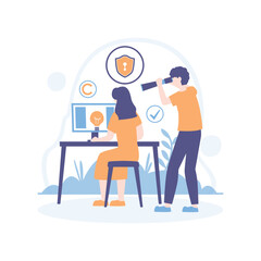 Flat illustration of businessman under spotlight with glowing lightbulb symbolizing breakthrough idea in front of audience