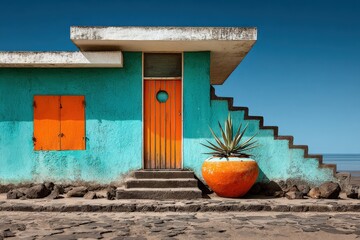Bright turquoise building with orange accents and large pot in coastal area during sunny daytime