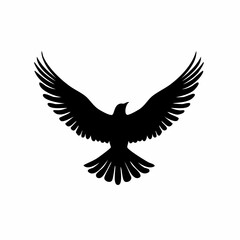 A flying bird silhouette in a 2D flat vector style, with its wings spread wide open. Symmetrical graphic design element.