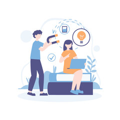 Flat illustration of businessman under spotlight with glowing lightbulb symbolizing breakthrough idea in front of audience