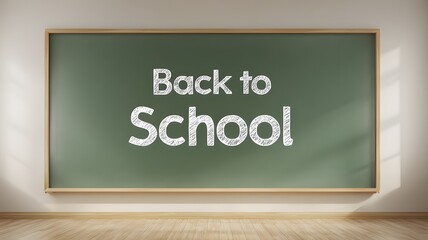 Fototapeta premium A green chalkboard with the phrase 'Back to School' written in white chalk. The background is simple and bright, emphasizing the educational theme.