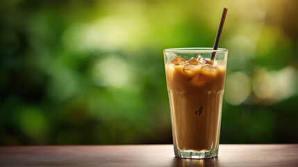 There is a cup of iced milk tea with ice cubes on the table; The transparent cup holds light brown coffee and white milk, creating a warm and inviting business atmosphere.