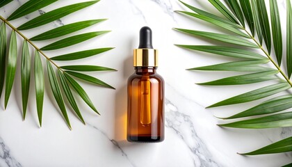 Fototapeta premium A golden dropper bottle of essential oil stands in rippling water, surrounded by lush green leaves and warm sunlight, evoking natural wellness and serene luxury.