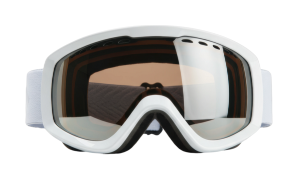 White ski goggles with brown tint lenses for winter sport protection. Cut out PNG