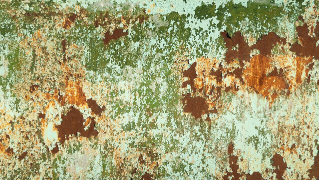 green brown background, in the photo an old iron wall with traces of paint and rust