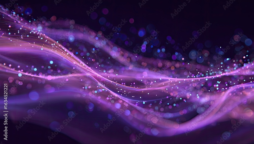 Poster abstract purple and pink wave with glowing particles and bokeh effect on dark background