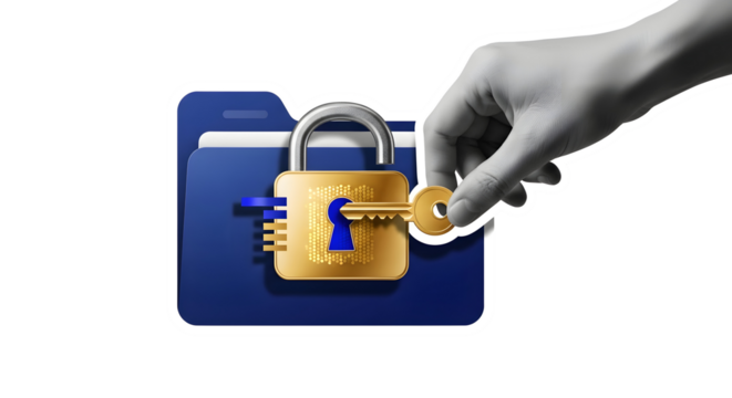 Unlock your digital world with secure access, safeguarding sensitive information and ensuring privacy with a golden key and a locked folder icon representing data protection and cybersecurity.