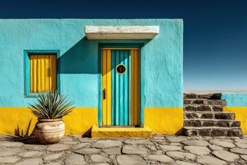Vibrant blue and yellow house with circular door in a sunny outdoor setting