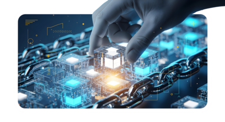 Building a secure digital future by placing a transparent cube into a glowing blockchain network, symbolizing data integrity and technological innovation