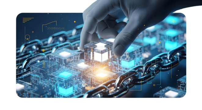 Building a secure digital future by placing a transparent cube into a glowing blockchain network, symbolizing data integrity and technological innovation