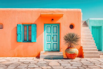 Colorful architectural details of a Mediterranean house on a sunny day with a unique plant in traditional pottery