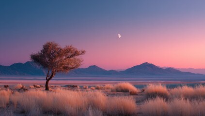 Desert landscape at sunrise/sunset, lone tree.  Soft, pastel colors,  moon visible