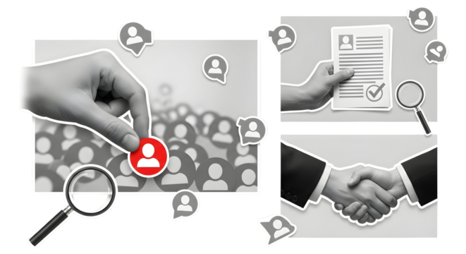 Expertly selecting top talent for your team, reviewing resumes, and sealing the deal with a professional handshake to build a successful business future.