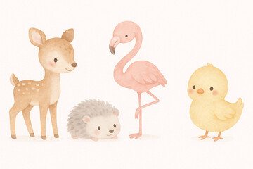 Fototapeta premium Adorable animal quartet – baby deer, hedgehog, flamingo, and chick in soft pastel watercolor style – cute nursery illustration for baby room decor, kids prints, and educational materials 