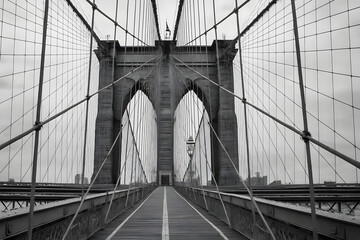 Brooklyn Bridge black and white photography, iconic New York City landmark with steel cables and Gothic stone arches, historic suspension bridge architecture, urban travel destination symbol of connec