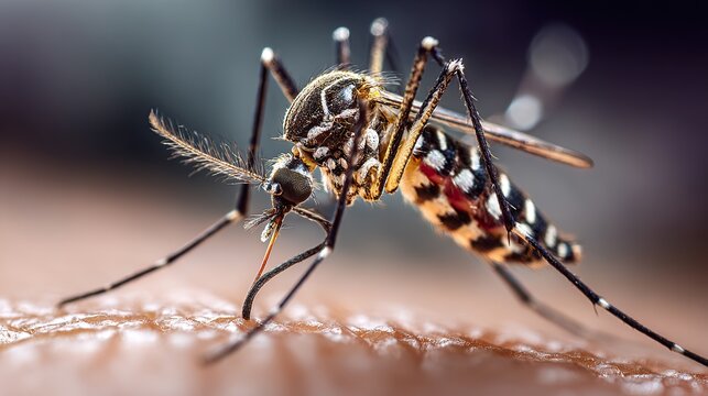 Close-up of Aedes aegypti mosquito biting human skin, blood-filled abdomen and detailed black-and-white body, realistic scientific illustration symbolizing the spread of dengue, Zika and chikungunya