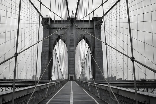 Fototapeta Brooklyn Bridge black and white photography, iconic New York City landmark with steel cables and Gothic stone arches, historic suspension bridge architecture, urban travel destination symbol of connec