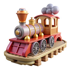 Charming 3d render of a vintage toy steam train with a red and orange color scheme on a wooden track