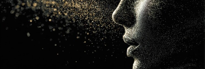 Silhouette of a Facial Profile With Sparkling Particles Representing Skin Renewal and Rejuvenation in a Darkened Setting