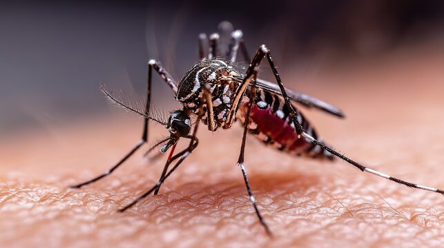 Close-up of Aedes aegypti mosquito biting human skin, blood-filled abdomen and detailed black-and-white body, realistic scientific illustration symbolizing the spread of dengue, Zika and chikungunya